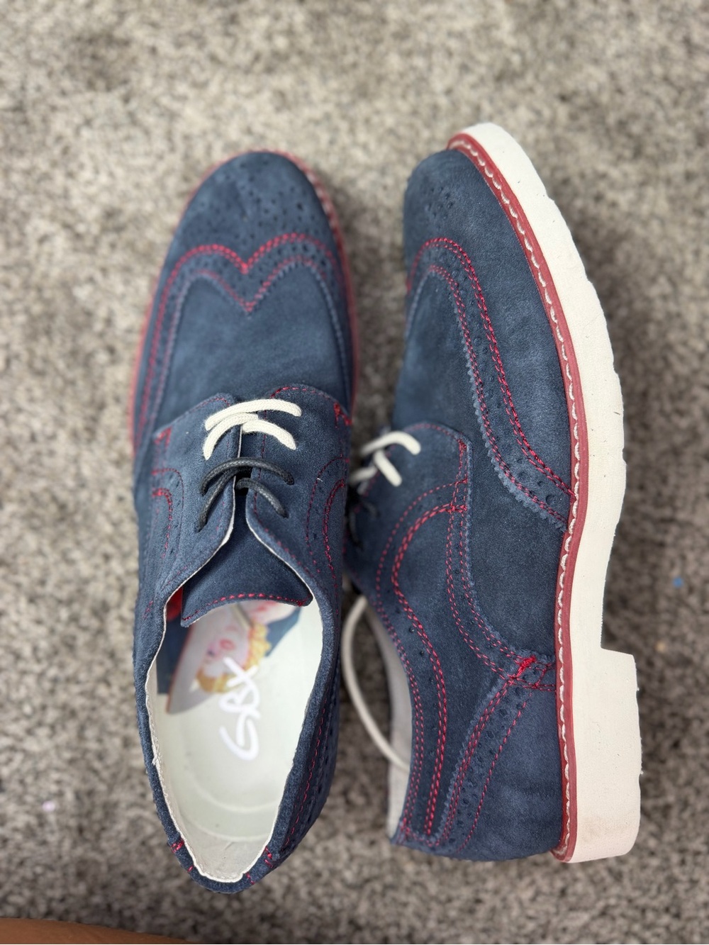 GBX Men's Blue Suede Wingtip Oxford Dress Shoes - Red Contrast Stitchi 8.5